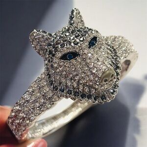 Multicolor Crystal and Black Enamel Silver Tone Wolf Bracelet